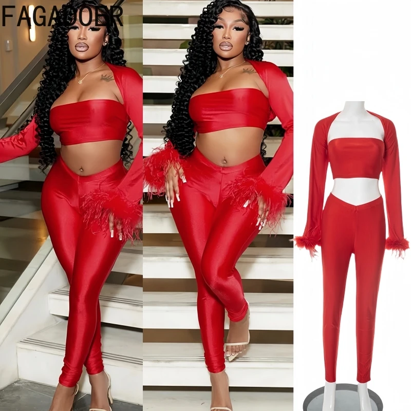 

FAGADOER Sexy Fur Patchwork Bodycon 3 Piece Sets Woman Outfit Long Sleeves Backless Tank Tops + Leggings Pants Female Streetwear
