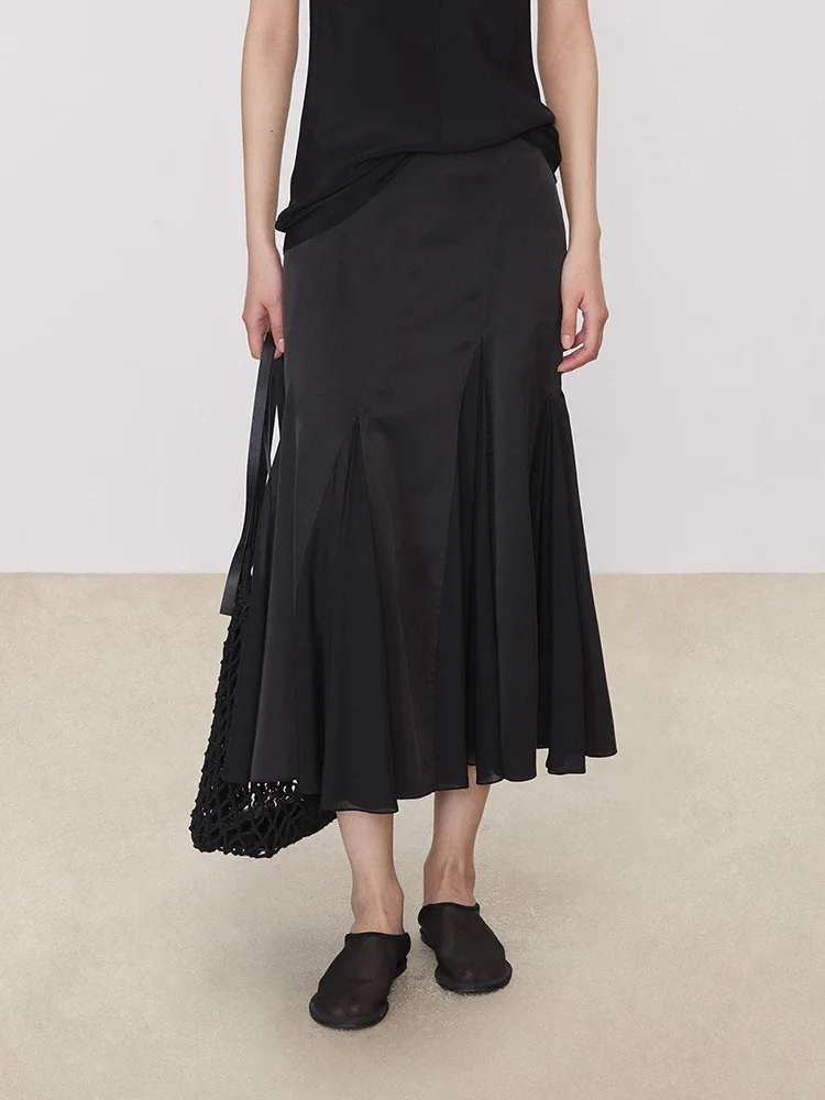 Maxdutti Minimalist Sand Washed Plain Satin Chiffon Silk Streamlined Cut And Spliced Pleated Women's Skirt Woman Clothing Faldas