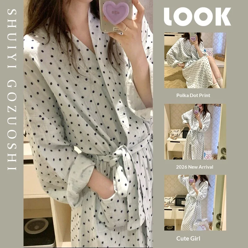 Women's Long Sleeved Thin Home Dressing Gown, Bathrobe with Polka Dots, Loose Waistband Robe, Long Sleeved Home Nightgown