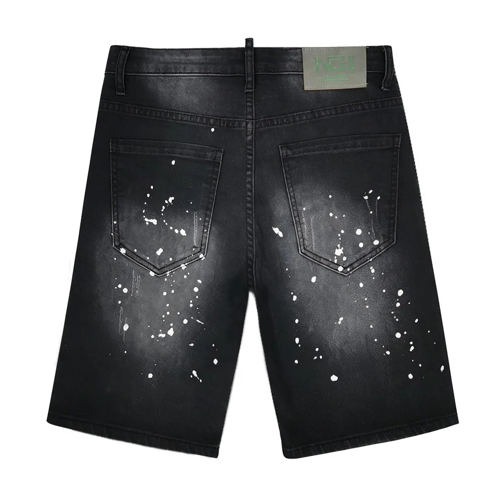 Vintage Stretch Ripped Jean Shorts Men Jorts Summer Black Distressed Ink Paint Holes Knee Length Casual Denim Shorts Streetwear