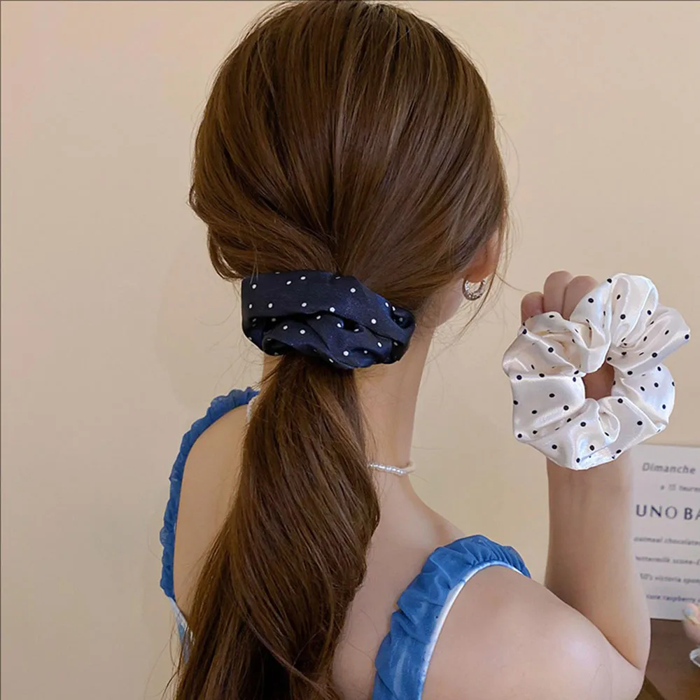 

5pcs Pearlescent Black and White Polka Dot Large Intestine Hairband High Ponytail Hair Tie for Women