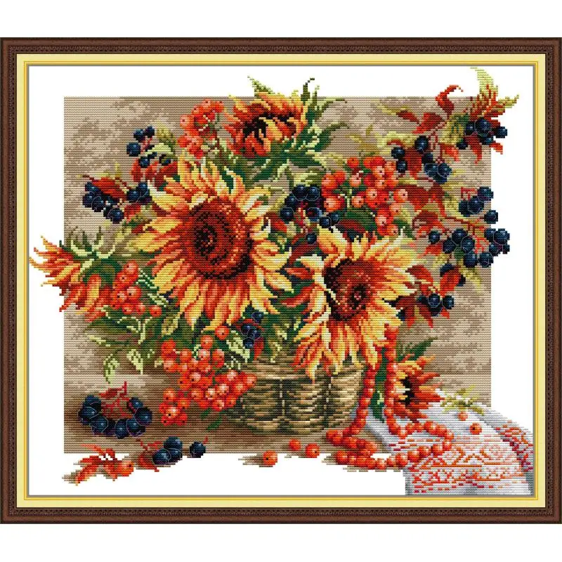 Sunflower Berry Flower Basket Printed Cross Stitch Kit 14CT 11CT White Canvas Fabric Needlework Embroidery Set Dining Room Decor