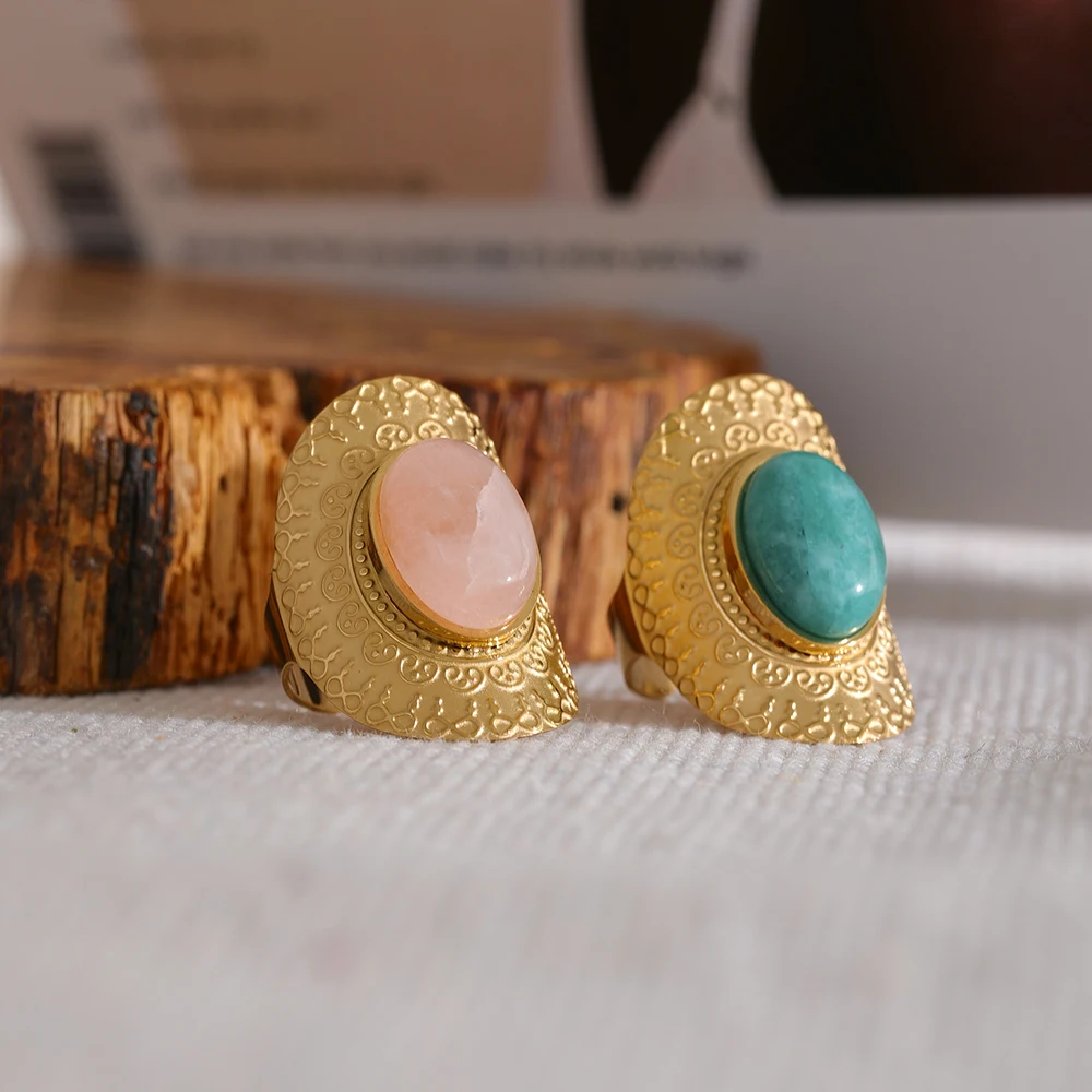 Yhpup-anillo de acero inoxidable con piedra Natural para mujer, sortija hipérbolica de color rosa, verde, turquesa, estilo bohemio, ajustable, para verano