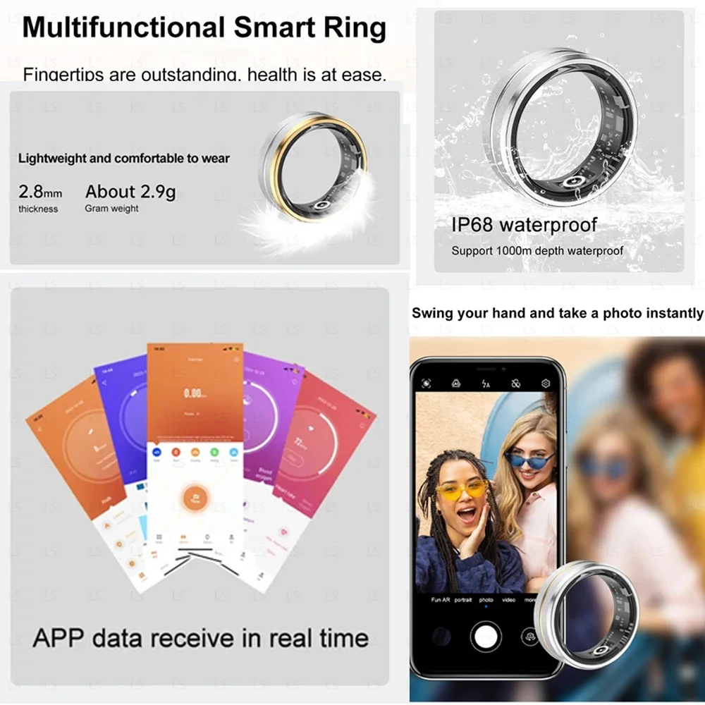 Smart Ring for Men Women Heart Rate Blood Oxygen Monitoring Multi Sports Modes IP68 Waterproof Smart Rings for Android IOS 2025