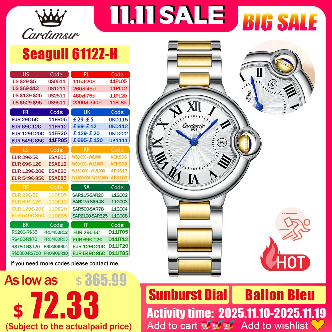 

CARDIMSIR Ballon Bleu Automatic Watches for Women 33mm sSun-patterned Dial Sapphire Crystal 5 ATM Date Luxury Wrist Watch Gifts