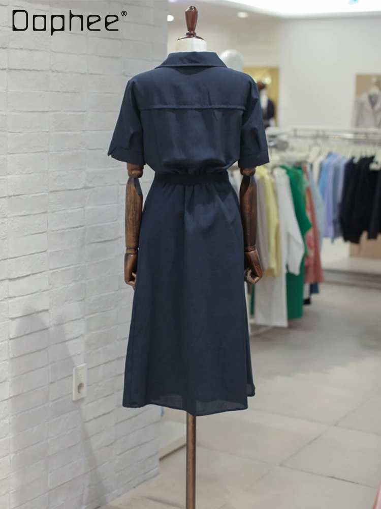 ファッションシングルブレストシャツ半袖ドレス女性の夏の新しい通勤スタイルエレガントなハイウエスト痩身カジュアルドレス