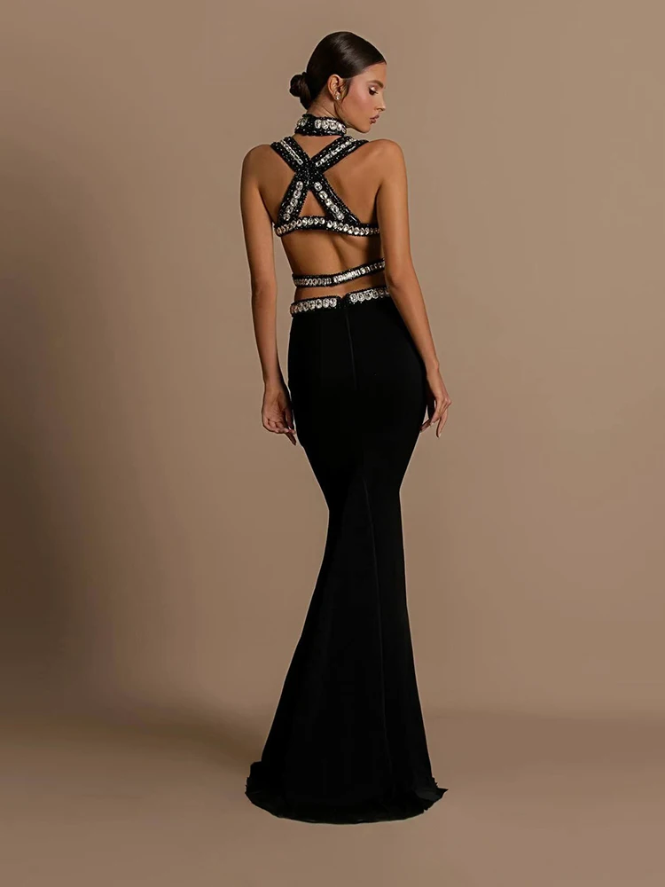 Sexy Sleeveless Diamond Hollow Out Backless Bandage Dress Women Black Rhinestones Cutout Mermaid Bodycon Dresses Party Evening