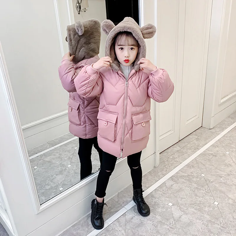 4-12 Years Winter Girls Jacket Cute Ears Fleece-lined Thick Keep Warm Hooded Coat For Kids Children Present Outerwear