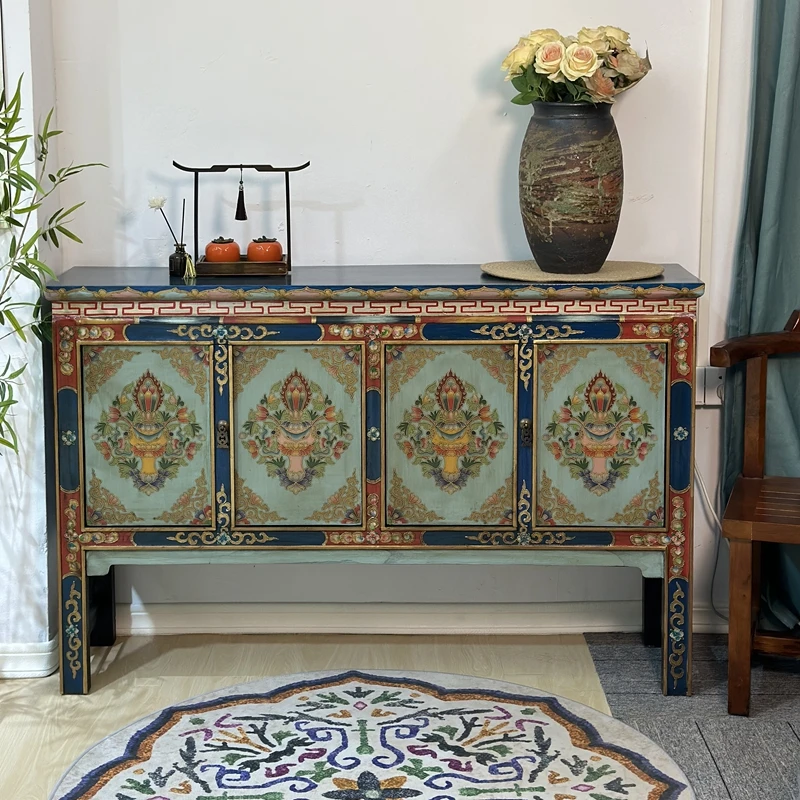 

Elm Tibetan hand-painted sideboard solid wood porch cabinet Chinese style locker antique home hall cabinet wall cabinet