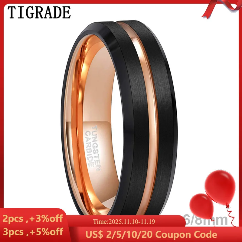 

Tigrade Men Ring 8mm 6mm Black Tungsten Ring Luxury Jewelry With Rose Gold Color Wedding Band Men Tungsten Rings bague homme