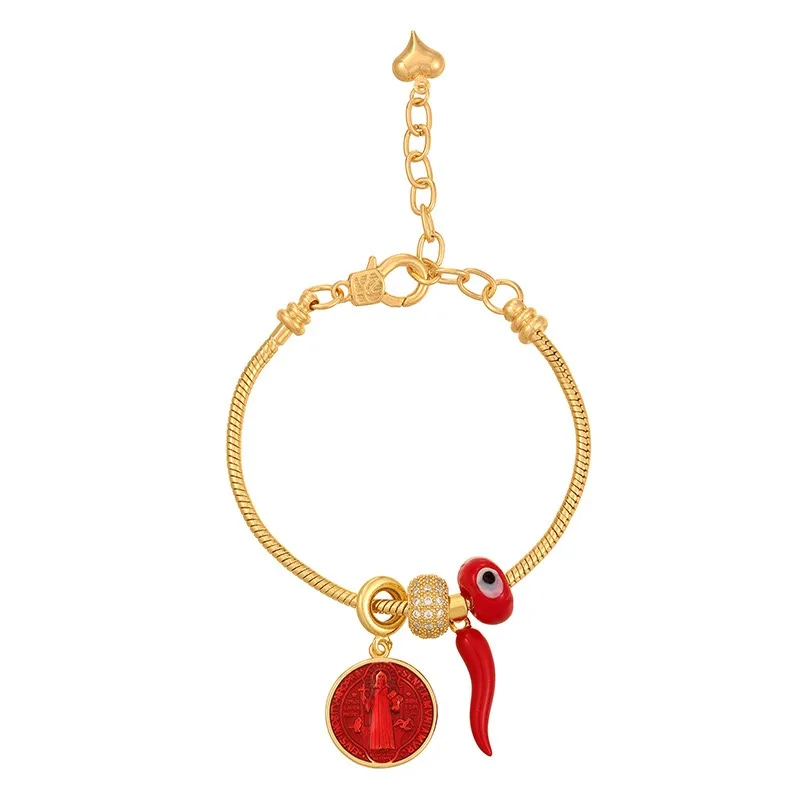 5pcs, St. Benedict Bangle Medal Religious Snake Chain Bracelet with Chilli