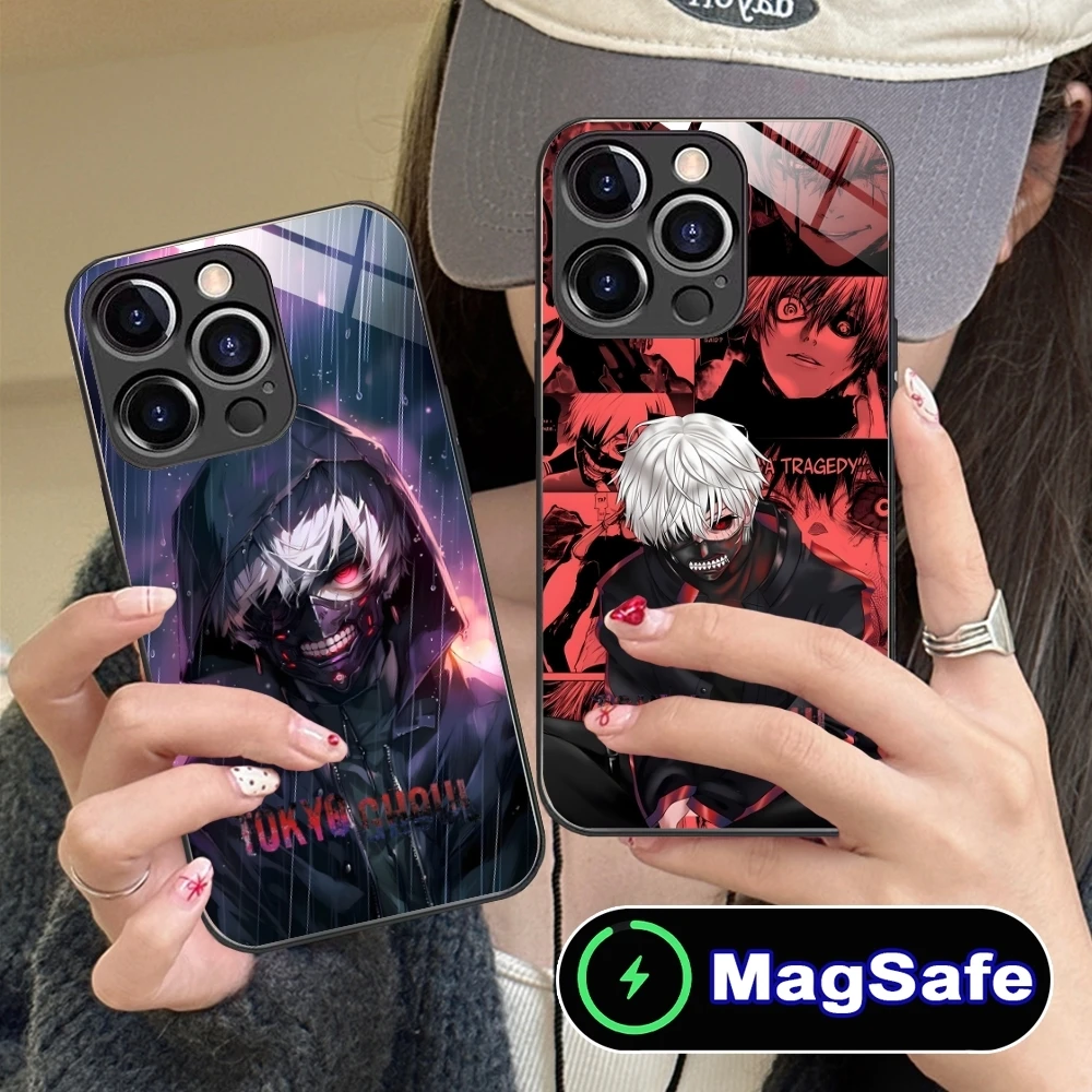 Tokyo Ghoul Kaneki Mobile Cell Phone Case for iPhone 16 15 14 13 12 11 Pro Max Plus Mini MagSafe Wireless Charging Glass Cover