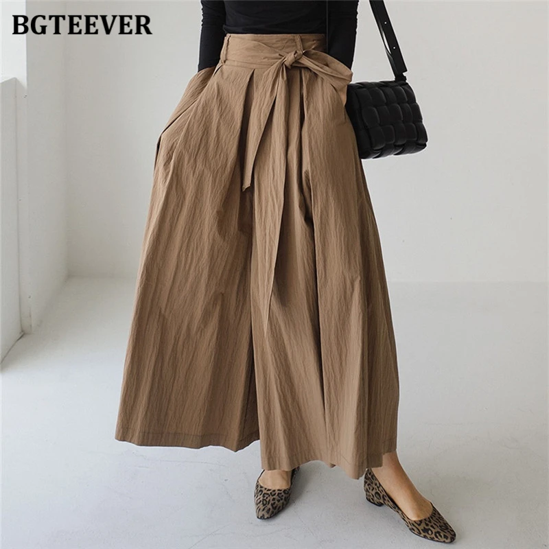 BGTEEVER Spring Loose Pockets Women Wide Leg Trousers Stylish Elastic  Waist Lace-up Women Pants