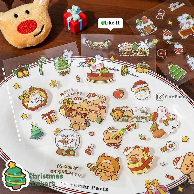 8 vellen/set Kerst Cartoon konijn Thema Waterdichte Stickers schattige sneeuwpop beer PET Stickers Decoratie Briefpapier Groothandel