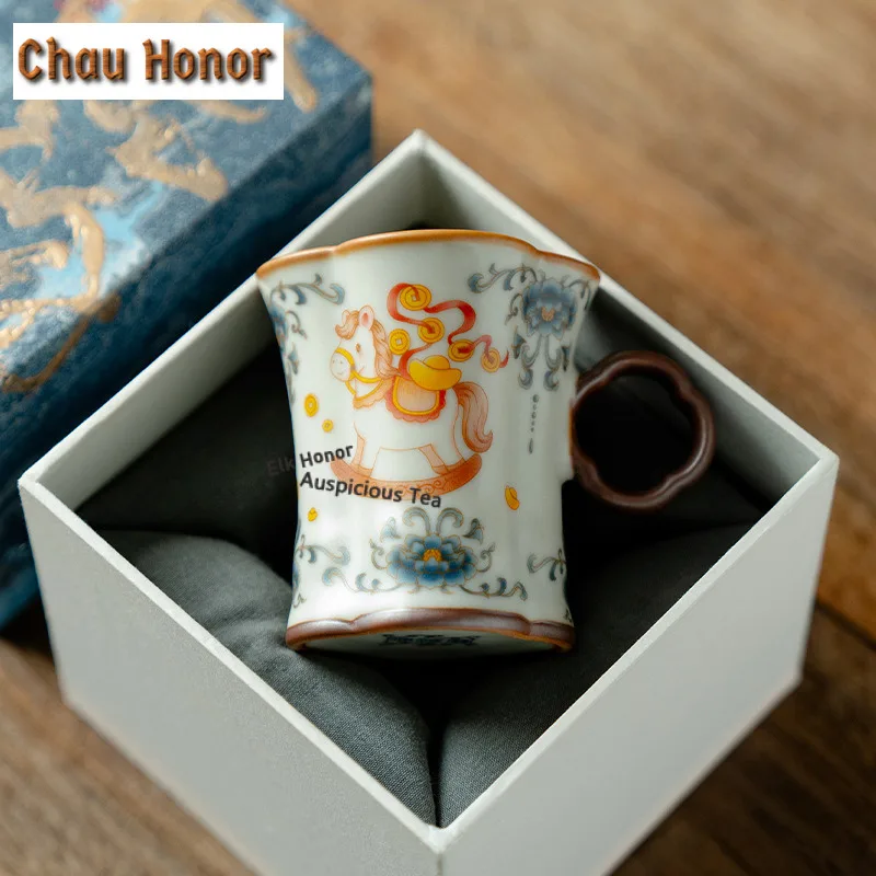 

90ml Ru Kiln Four-petal Flower Mouth Handle Teacup Elegant Tea Bowl Mug Tea-tasting Smelling Cup Jianzhan Master Cups Teaset