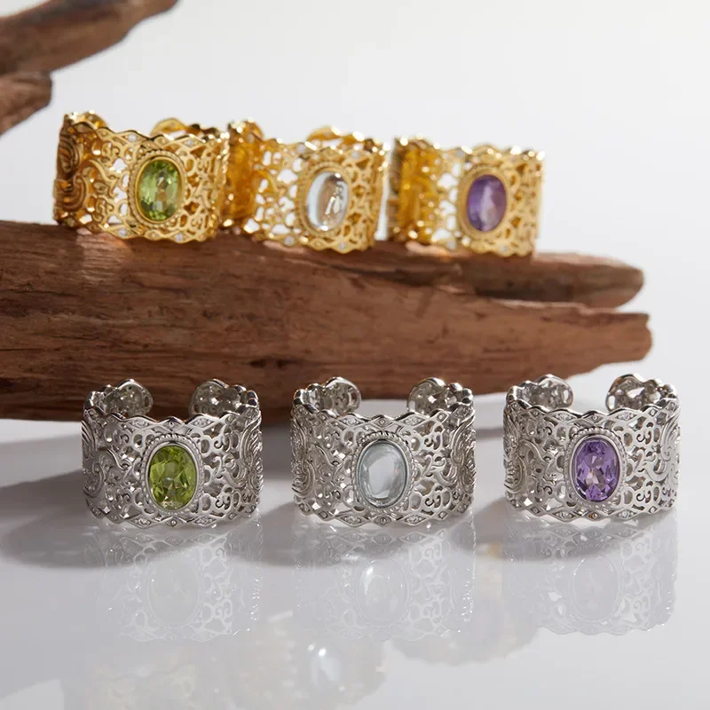 S925 sterling silver inlaid with natural peridot aquamarine colored treasure ring, men's and women's retro high-end sense,