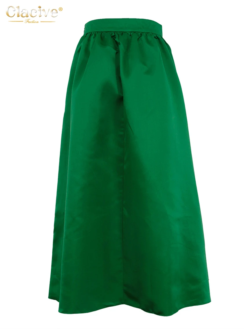 Clacive Elegante Groene Satijnen Damesrok 2023 Mode Hoge Taille Lange Rok Casual Losse Klassieke Rokken Dameskleding