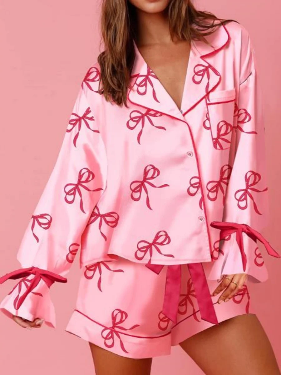 Women's 2 Piece Lounge Set Long Sleeve Lapel Strawberry/Bow Print Button Up Tops Shorts Sleepwear Sets