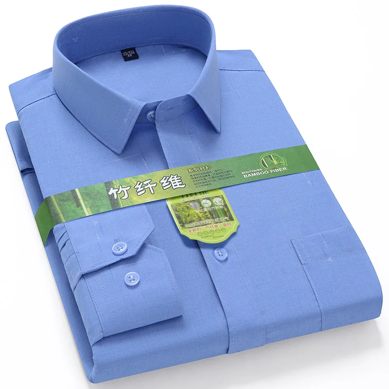 High Quality Bamboo Fiber Mens Dress Shirts Autumn Anti-Wrinkle Soft Camisa Social Print Striped Business Oversized 7XL 6XL 5XL