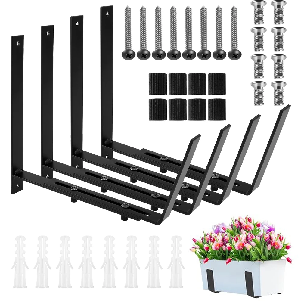 

4Pcs Adjustable Planter Pot Brackets Metal Heavy Duty Flower Box Holder Wall Mount Plant Holder for Railings Balcony Window