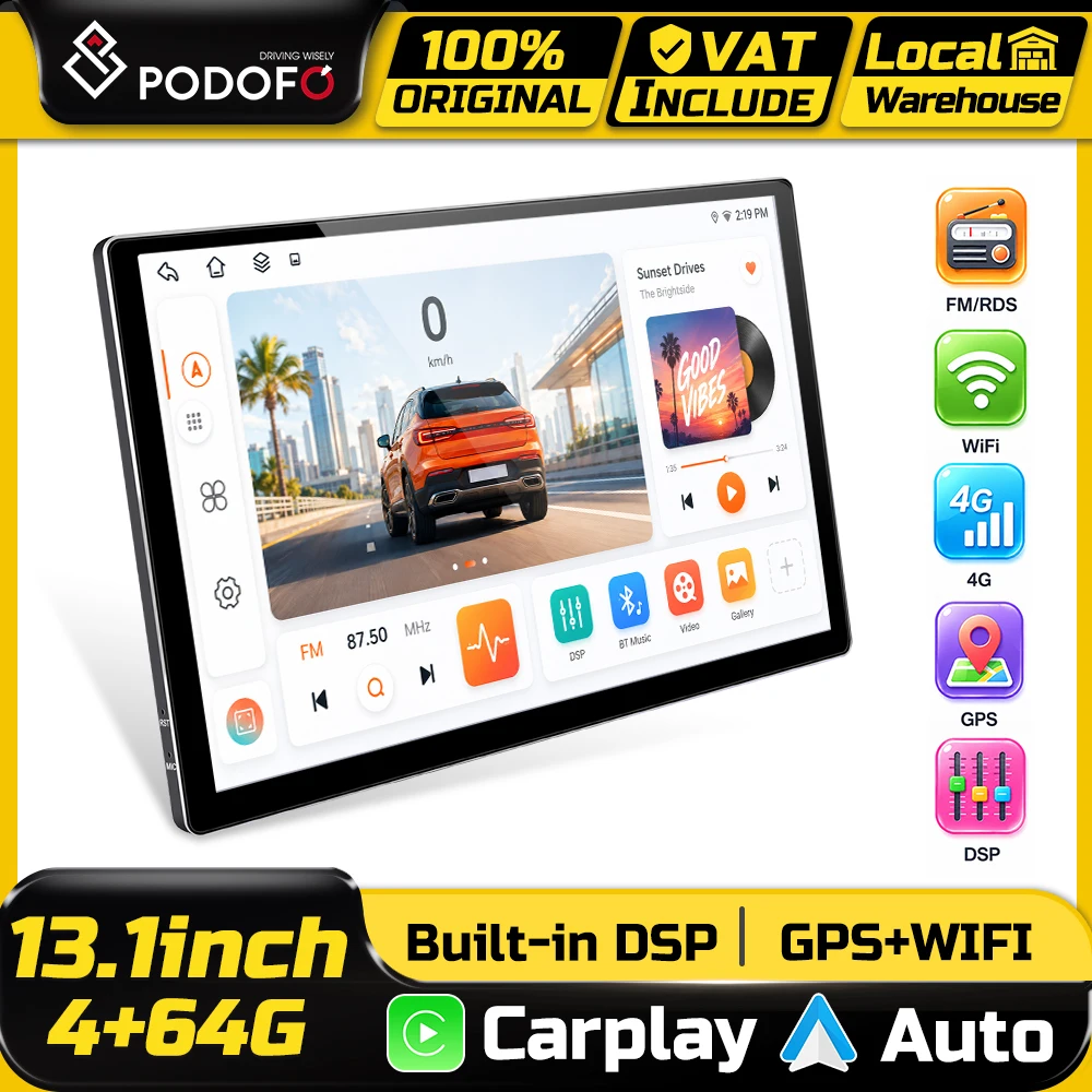 Podofo 8-Kern 4+64G Android Multimedia Autoradio Kabelloses CarPlay Android Auto 13,1-Zoll 2K Bildschirm Intelligentes Autosystem GPS Mirror Link WIFI BT FM AM RDS