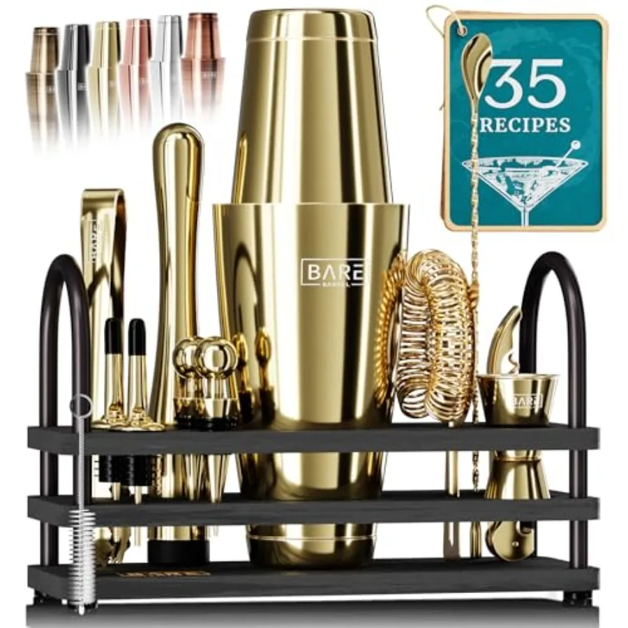 

14-Piece Cocktail Shaker Set | Martini Barware Mixing Tools for Home Bartending | 35 Recipe Cards | Gift Set (28oz Boston Shaker