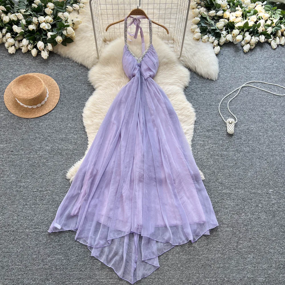 Chic vintage V-neck chiffon sleeveless dress Elegant Fairy korean fashion Boho Sundress women clothing