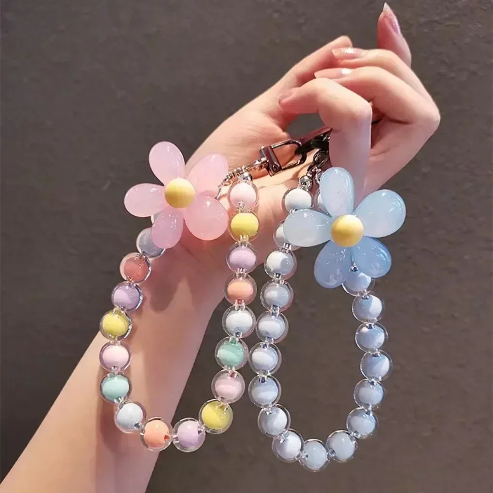 Colored bead petal Lanyard For IPhone Anti-Lost Bracelet For Huawei Mobile Phone Case Wrist Strap Car Keychain Cute Phone Charm