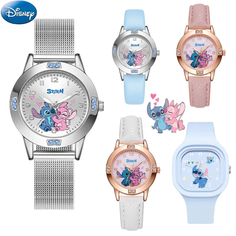 New Disney Stitch Woman's Watches Diamond Quartz Watch for Girls Stich Cartoon Leather Wristwatches Steel Belt Watch Gift