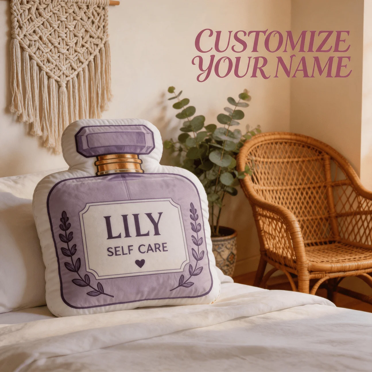Custom Personalized Name Perfume Bottle Shaped Pillow, Purple Elegant Design Decorative Cushion, 70CM Large Size Accent Pillow f