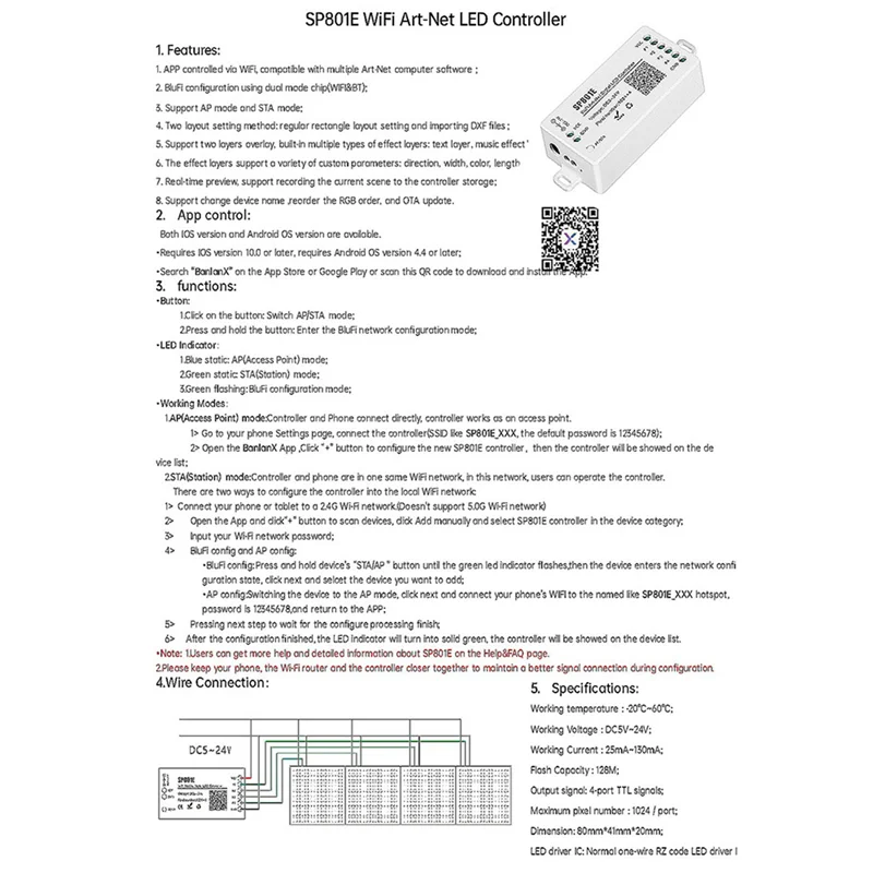LICE-3X SP801E Wifi Art-Net LED Controller Modulo pannello a matrice LED WS2812B WS2811 Luce striscia di controllo wireless DC5-24V