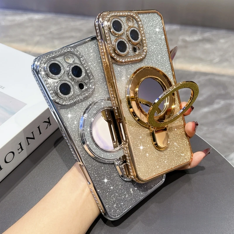 Placcatura di lusso Paraurti Flash Glitter Stand Cassa Del Telefono Per iPhone 11 13 14 15 16E 17 Pro Max Diamond Specchio Supporto su 15Plus Cover