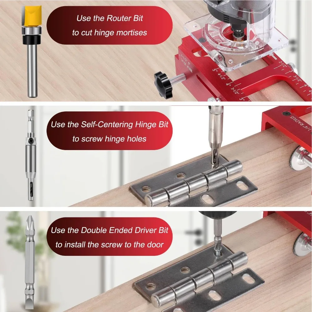 Aluminum Alloy Door Hinge Jig 2.5in-5in Length 5/8in Radius Mortise Jig Red Color Square Corner Types Router Template Kit