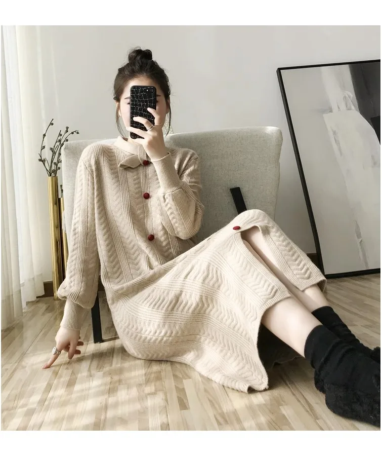 Outono inverno nova malha único breasted vestido de lã sobre o joelho feminino solto vestido de comprimento médio com casaco inferior