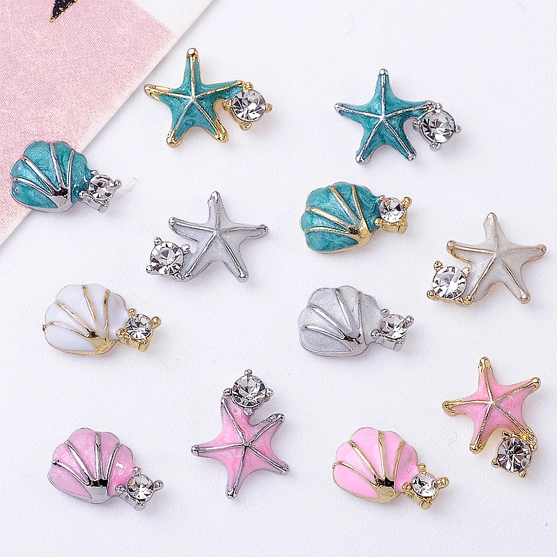 10PCS Spray Painting Lacquer Alloy Nail Art Shell Starfish Charms Rhinestone Accessories Summer Ocean Nails Decoration Supplies