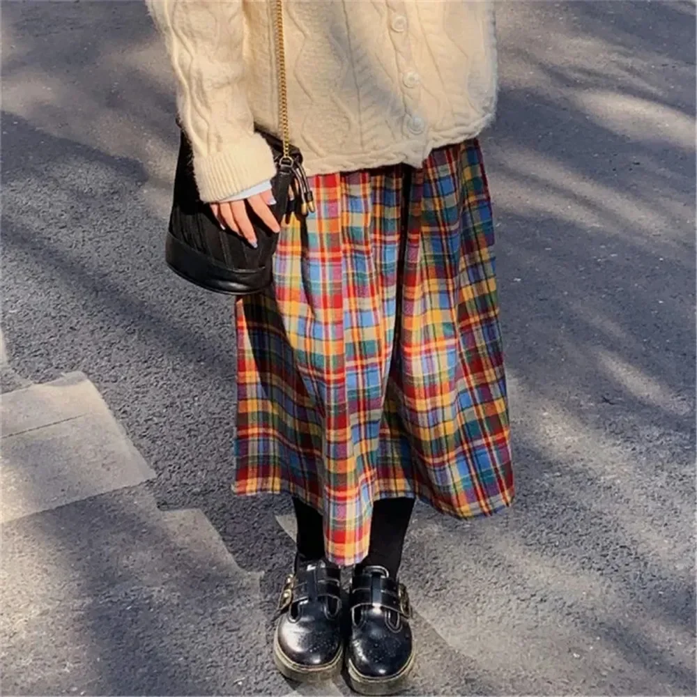 

Japanese Rainbow High Waist A-Line Wool Plaid Skirt Female Students Preppy Style Wild Midi Skirt Women Autumn Long Skirt