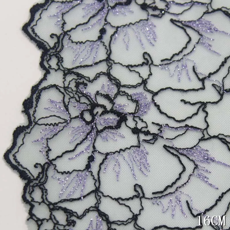 

28 ярдов вышитого фиолетового цветочного цвета с серебряными нитками, тюлевая кружевная отделка, мягкое сетчатое кружево, одежда для рукоделия, бюстгальтер, платье, швейная ткань