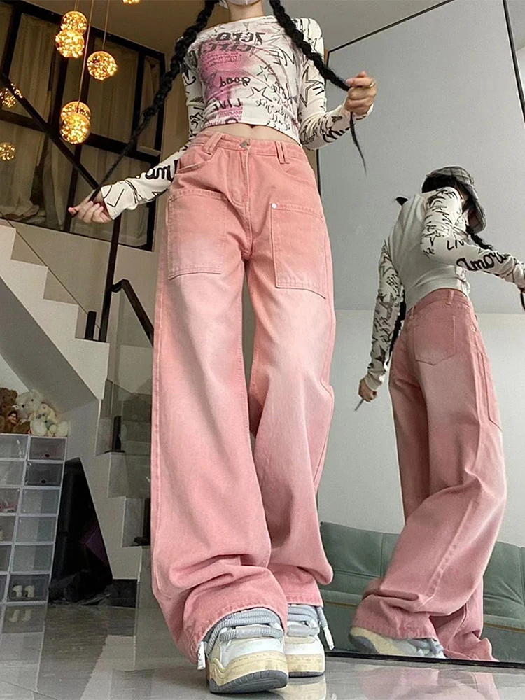 Pink Baggy Jeans Woman High Waist 2023 Autumn Winter Wide Leg Denim Trouser Streetwear Design Vintage Straight Jean Pants Female