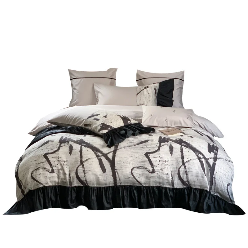 100 Thread Count Pure Cotton Four Piece Chinese Feng Shui Ink Bed Sheet Set, Lace Quilt Cover