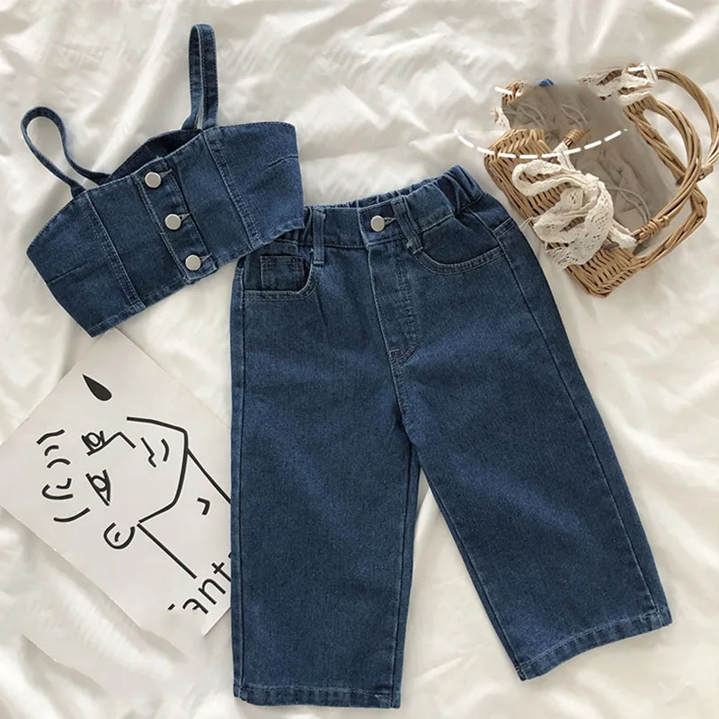 Little Girl Denim Clothing Sets Short Camisole+wide Leg Jeans Stylish Girls Suspender Tops+Pants Summer Clohtes Suits GY03173