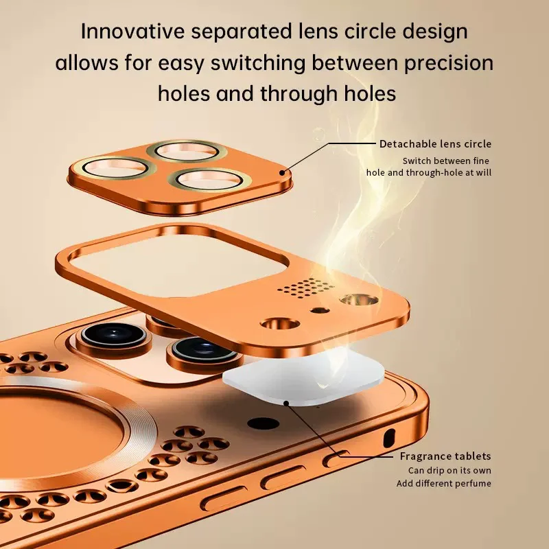 Metal Heat Dissipation Magnetic Case For iPhone 17 16 15 14 13 12 18 Pro Max 15 Plus Lens Film Aromatherapy Removable Cover