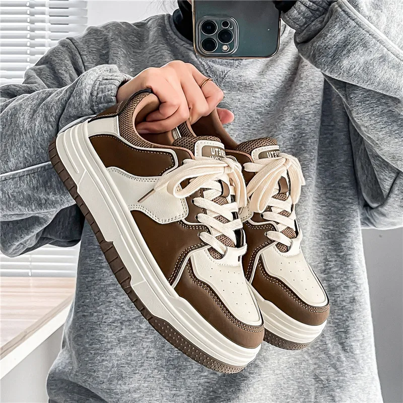 Men's Casual Thick Sole Sneakers Summer New Fashion American Style Shoes for Students Male Comfortable Breathable Leather Sneake