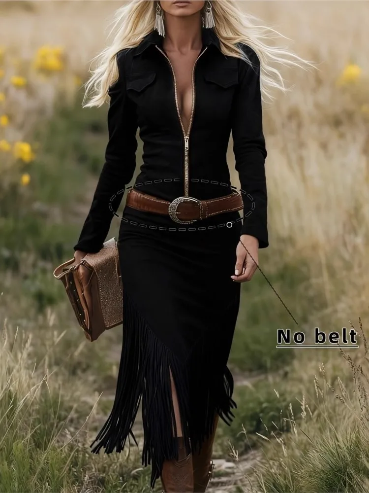 Denim Style Dress Spring Summer Women's New Suede Tassel Solid Color Slim Long Sleeve Zipper Long Dress Ropa Mujer Vestidos