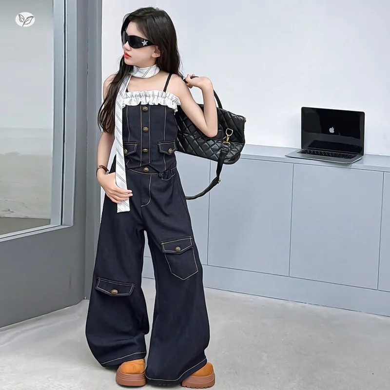 Girls2026New summer lace imitation denim suspender wide-leg pants set for older children, trendy street performance outfit