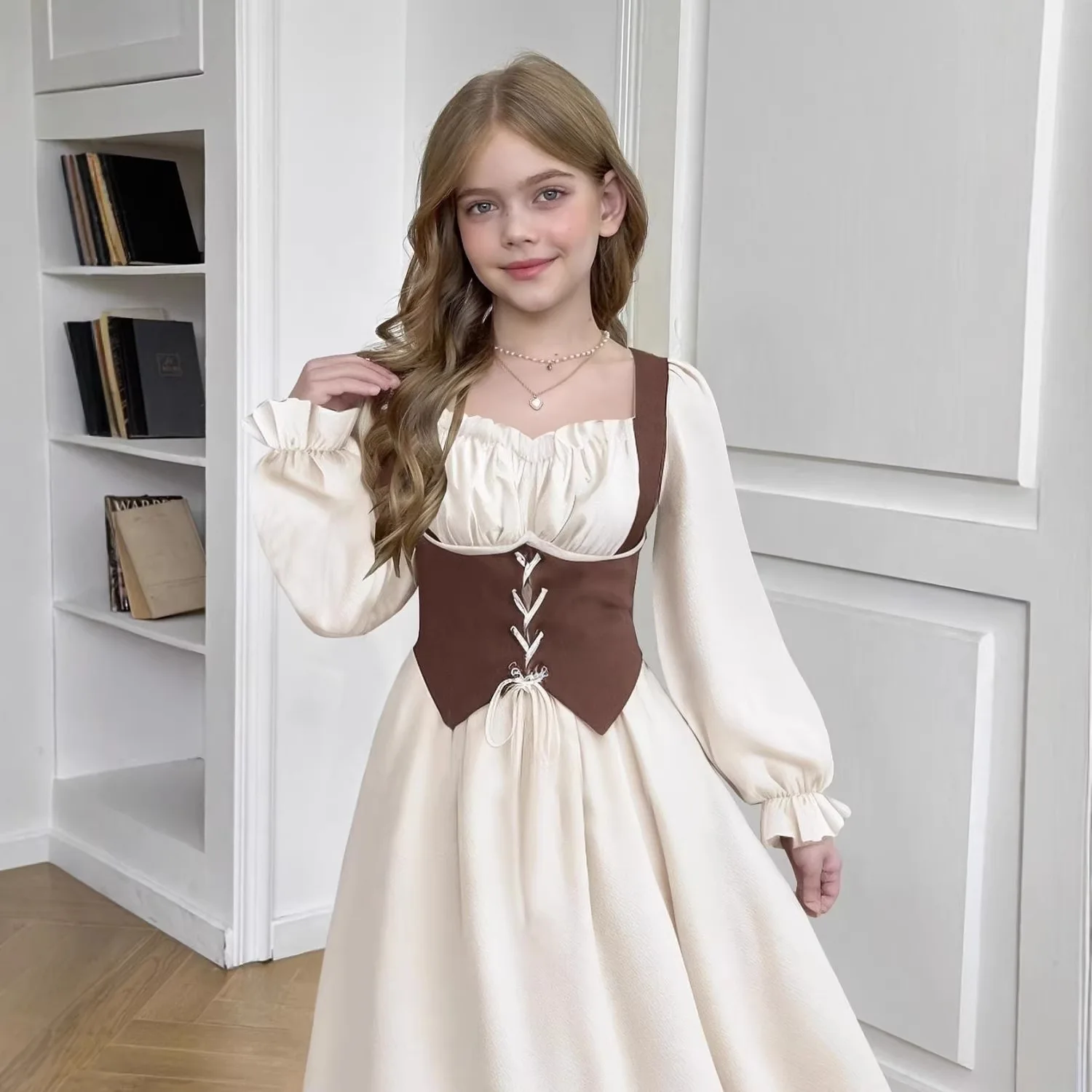 Girls Casual Spliced Fake Two-piece Dress 2026 Spring Summer New Children Elastic Waist Long Sleeved Princess Dress