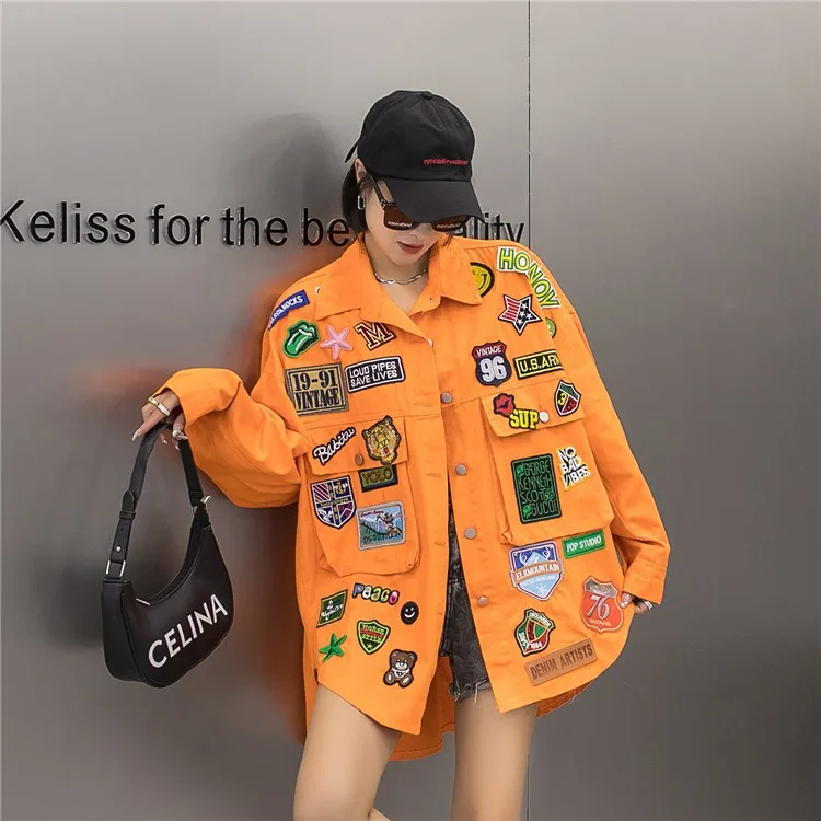 Fashion Embroidery Patches Denim Jacket Coat Women Harajuku Streetwear Hip Hop Trend Loose Jean Jackets Outerwear