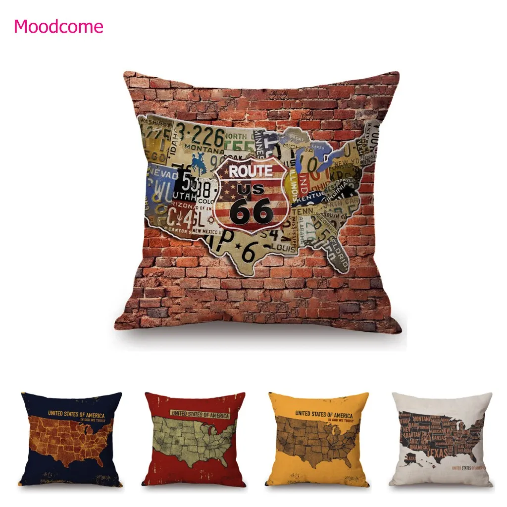 Retro US Map Route 66 Cafe Bar Chair Seat Cushion Cover Patroitism National Day Home Decoration Linen Sofa Throw Pillow Case