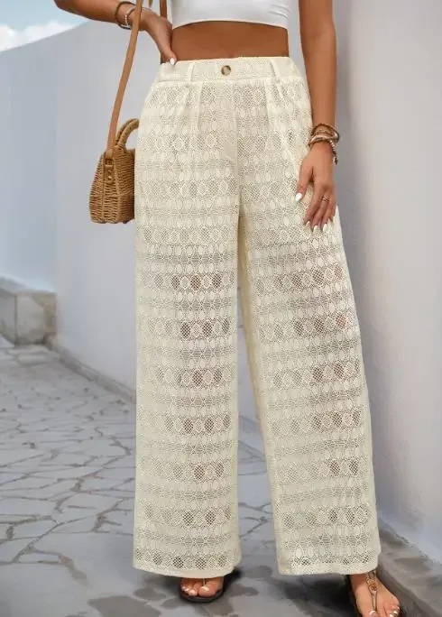 Summer Casual Pants Women's High Waist Loose Perspective Lace Wide Leg Pants Vacation Style Female Fashion Straight-Leg Trousers