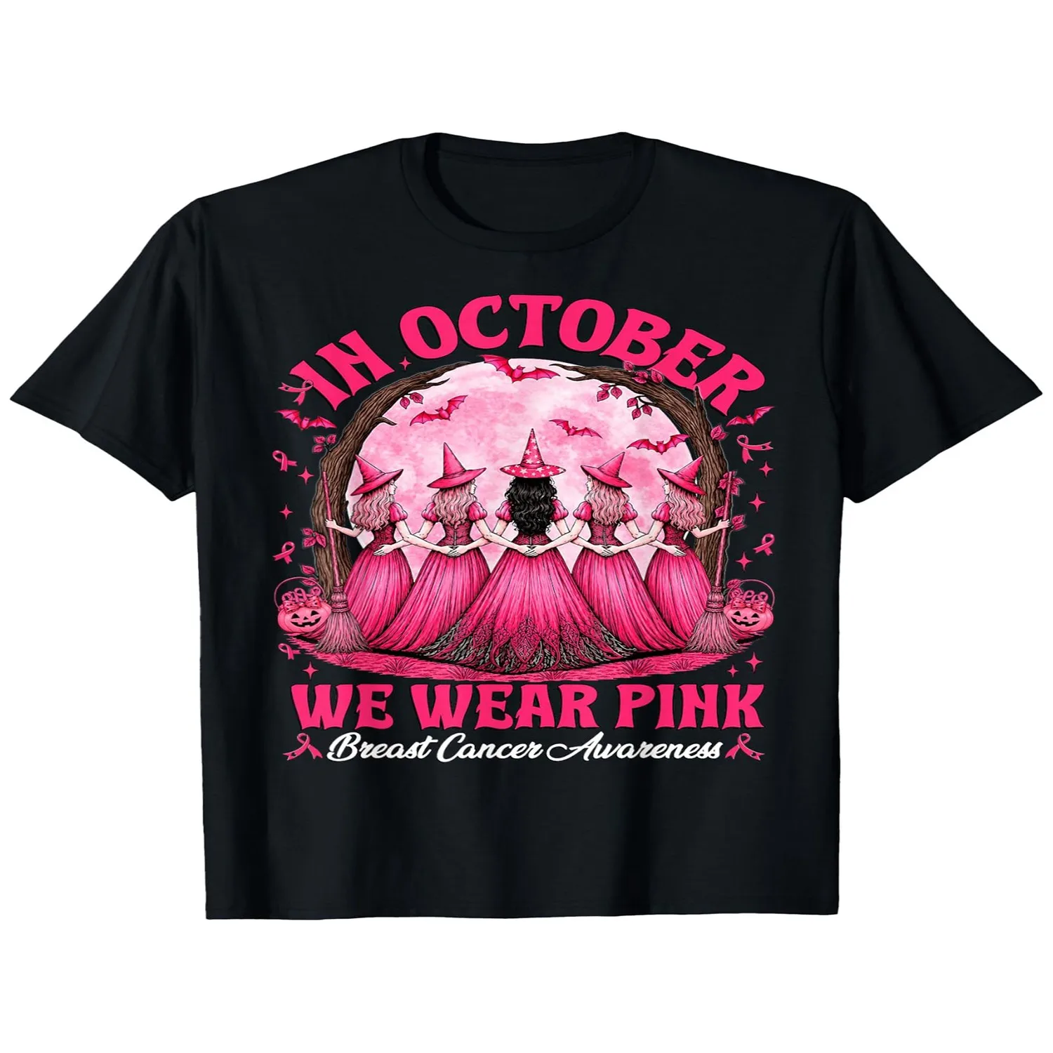 October We Wear Pink Witch Halloween Breast Cancer Women T-Shirt, Casual Crew Neck Tee, Regular Fit with Short Sleeves for All Seasons, Cancer Awareness Survivor Tee Perfect for Women Men Short Sleeve T Shirt, Birthday Gift Tee