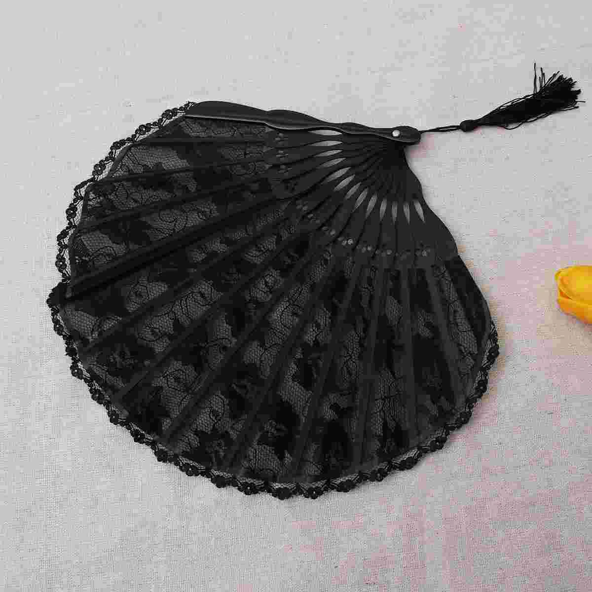 

Women Folding Fans Handmade Lace Japanese Style Shell Shape Fan Handheld Fans with Tassel for Decoration Gifts (Black Surface